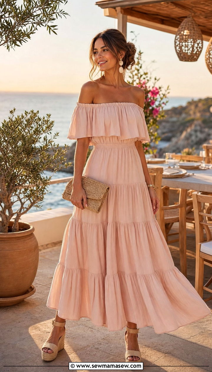 Off Shoulder Maxi Dress with Wedge Sandals - 35 beach vacation outfits Pinterest