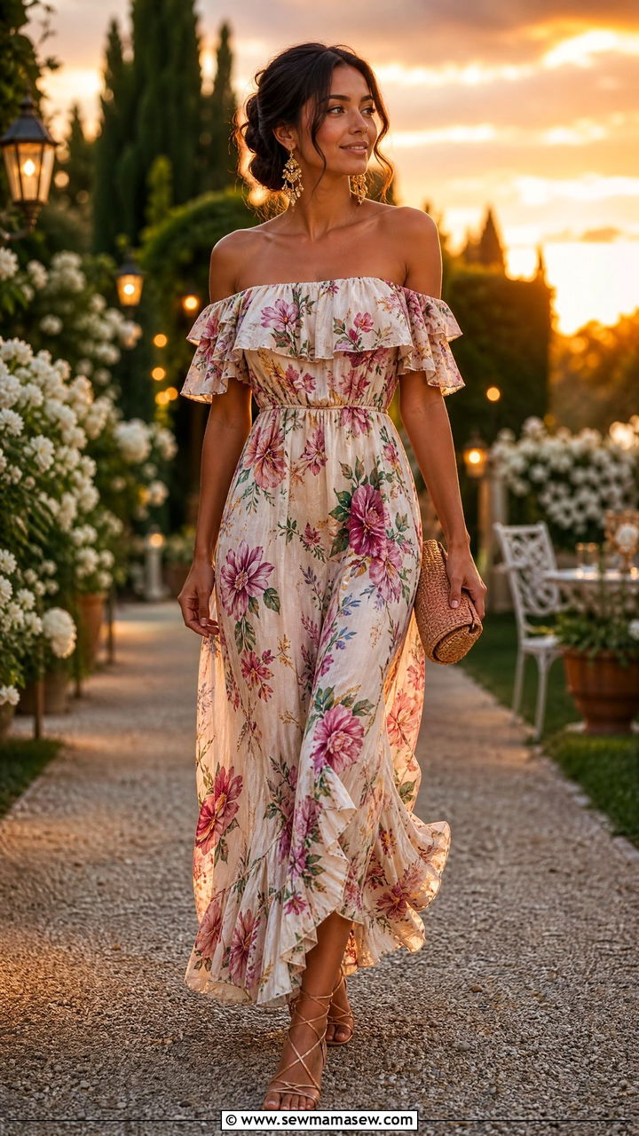Off Shoulder Maxi Dress with Woven Clutch - 35 Garden party outfit ideas