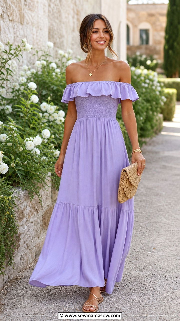 Off Shoulder Maxi Dress with Woven Clutch - 35 Boho wedding guest outfits