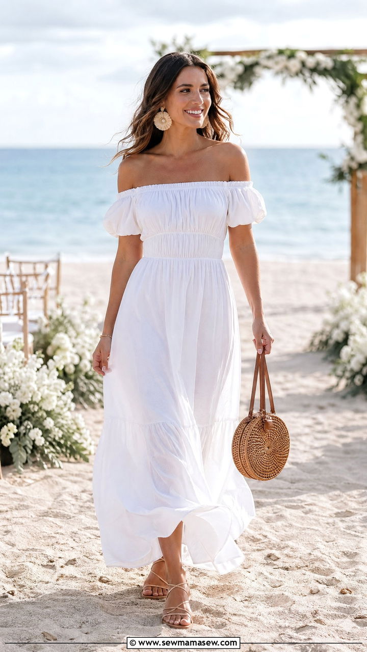 Off Shoulder Maxi Dress with Woven Clutch - 35 Dressy summer outfits