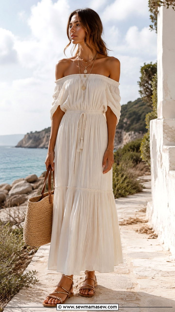 Off Shoulder Maxi Dress with Woven Tote and Beaded Sandals - 30 Boho capsule wardrobe