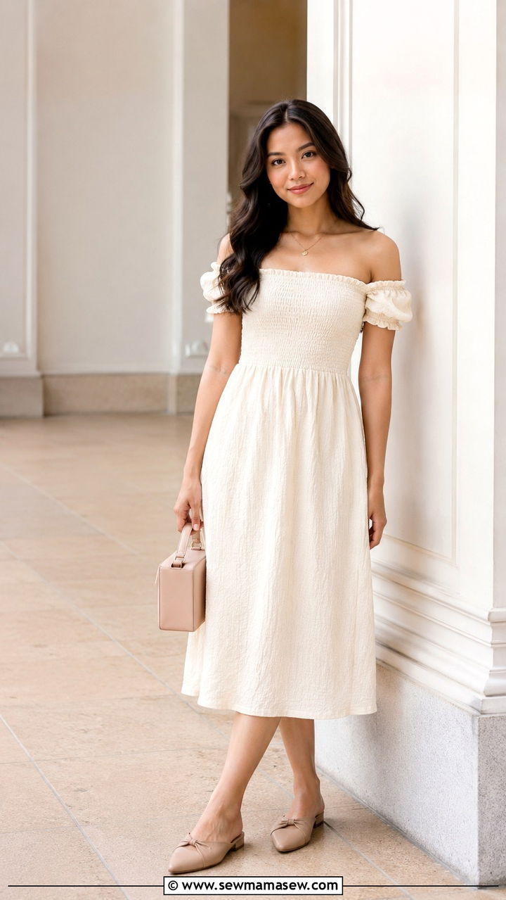 Off Shoulder Midi Dress And Mules Graduation Look - 30 chic graduation outfits for women