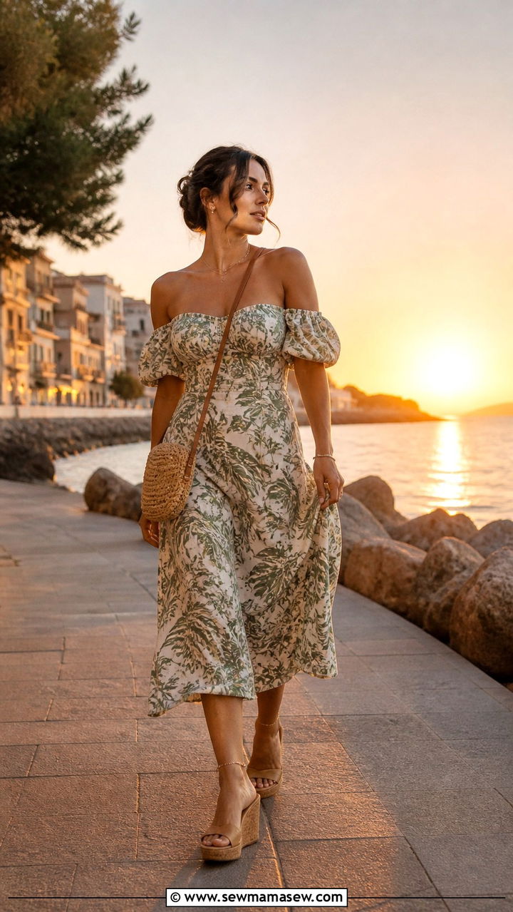 Off Shoulder Midi Dress And Wedge Sandals Outfit - 40 Sharm El Sheikh outfit ideas