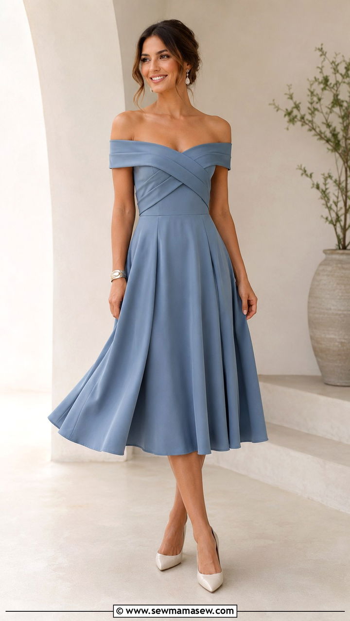 Off Shoulder Midi Dress Wedding Guest - 25 wedding guest outfits for women with wide hips