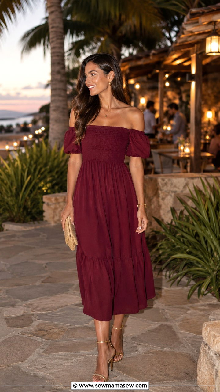 Off Shoulder Midi Dress With Ankle Strap Heels - 30 Midi dress outfit ideas with heels