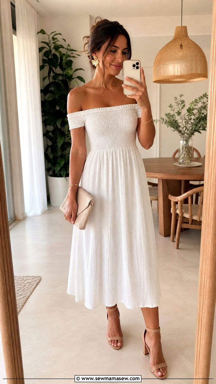 Off Shoulder Midi Dress With Block Heel Sandals - 30 Midi dress with sandals outfit ideas