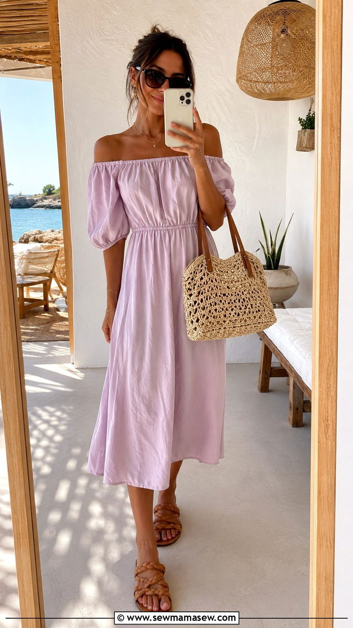 Off Shoulder Midi Dress With Braided Leather Sandals - 30 Midi dress outfit ideas with sandals