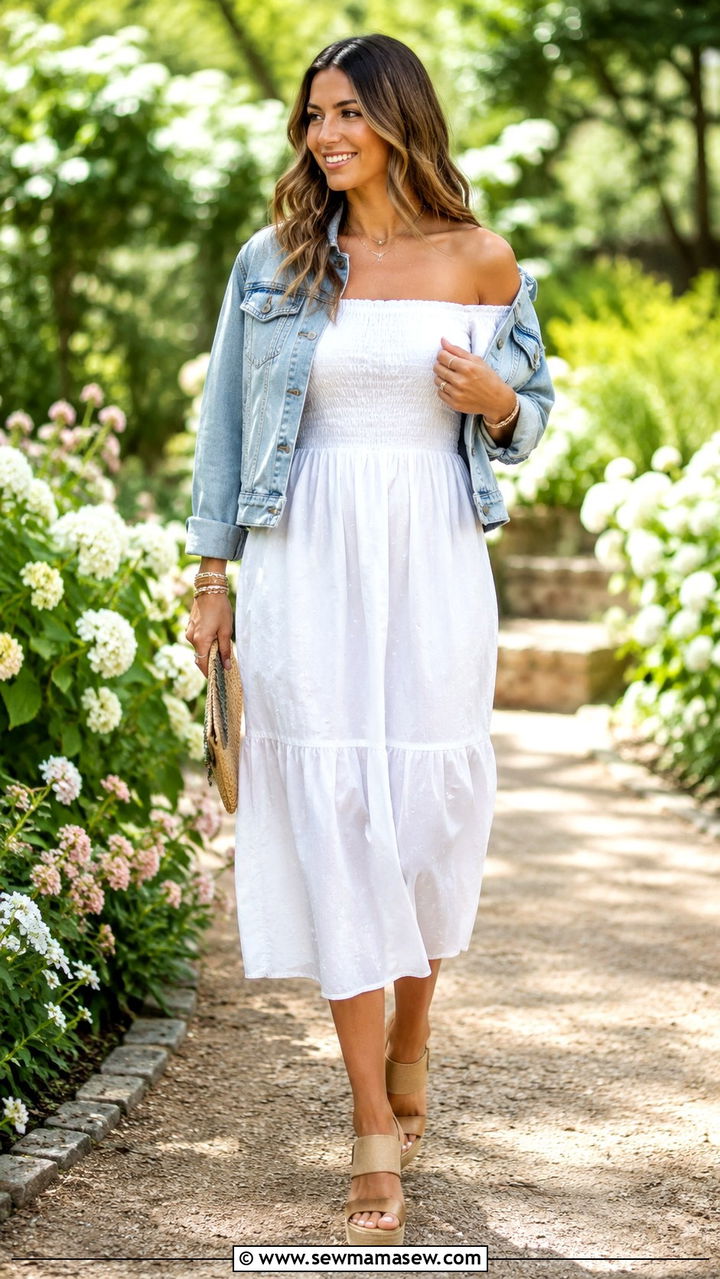 Off Shoulder Midi Dress With Denim Jacket and Wedge Sandals - 30 Midi dress outfit ideas with a jacket