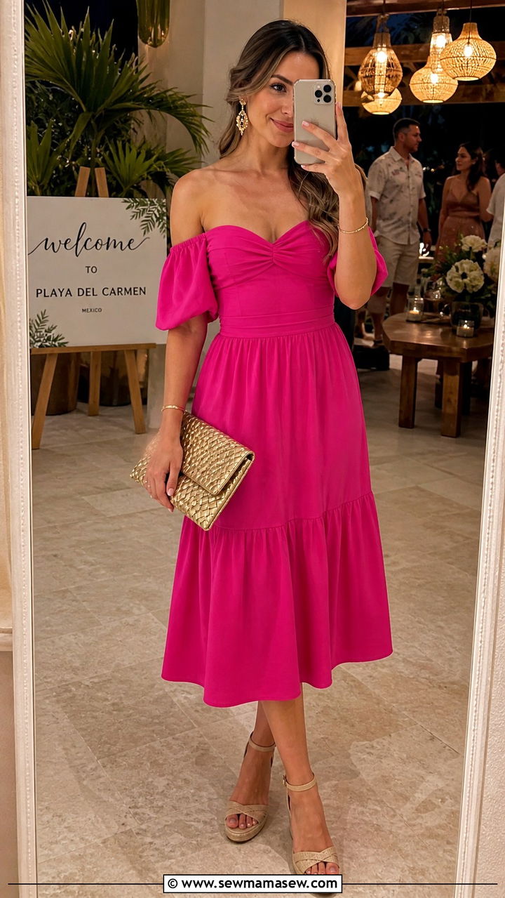 Off Shoulder Midi Dress With Espadrille Wedges And Woven Clutch - 40 What to wear in Playa del Carmen