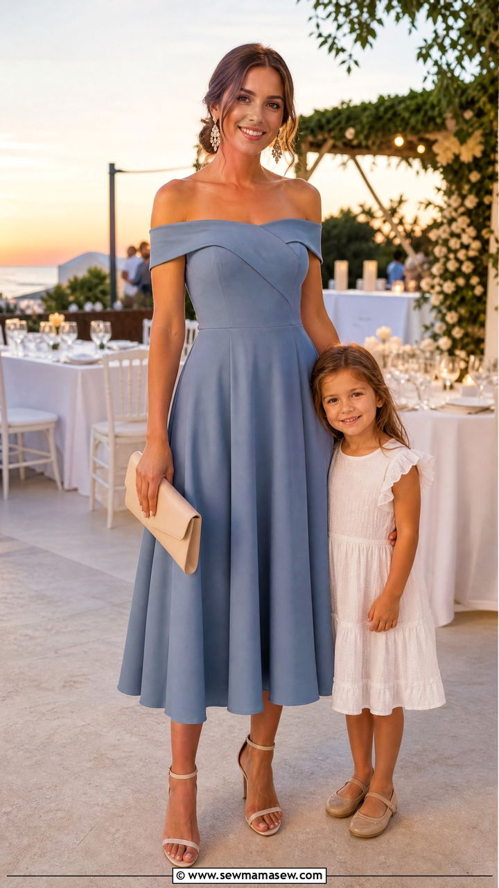 Off Shoulder Midi Dress With Heeled Sandals And A Clutch - 25 Wedding guest outfit ideas with kids in tow