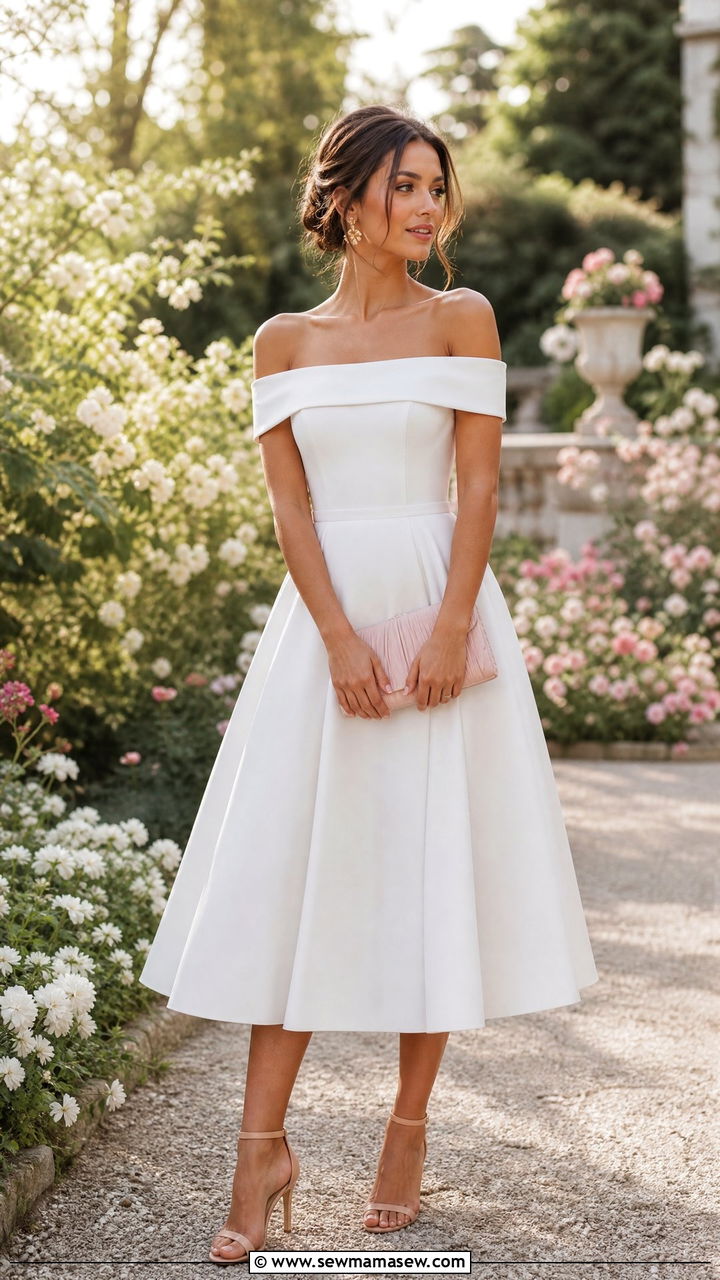 Off Shoulder Midi Dress With Heeled Sandals - 35 How to style a midi dress