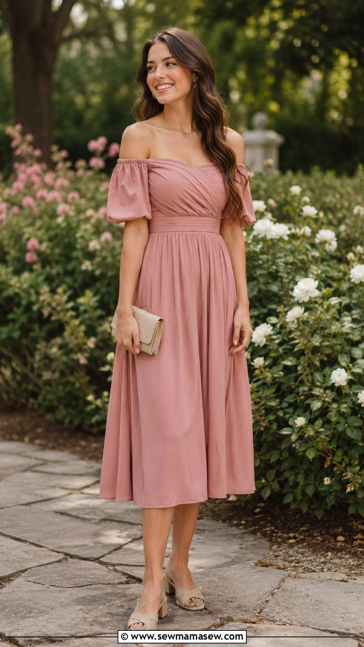 Off Shoulder Midi Dress With Minimal Jewelry - 30 casual graduation outfits