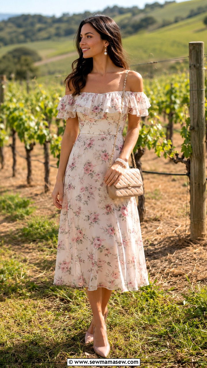 Off Shoulder Midi Dress With Pearl Accessories - 30 chic spring wedding guest outfits for women