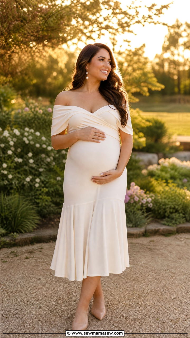 Off Shoulder Midi Dress With Pearl Earrings - 25 Gender reveal photo outfit ideas 2026