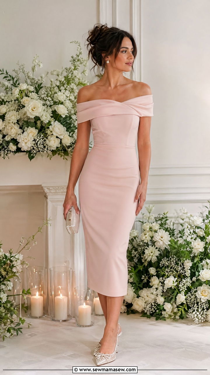 Off Shoulder Midi Dress With Pearl Heels - 35 Dressy spring outfits