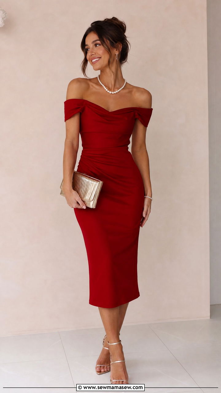 Off Shoulder Midi Dress With Pearl Jewelry - 30 Cocktail party outfit ideas