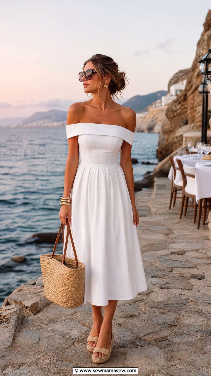 Off Shoulder Midi Dress With Raffia Accessories - 35 June outfit ideas