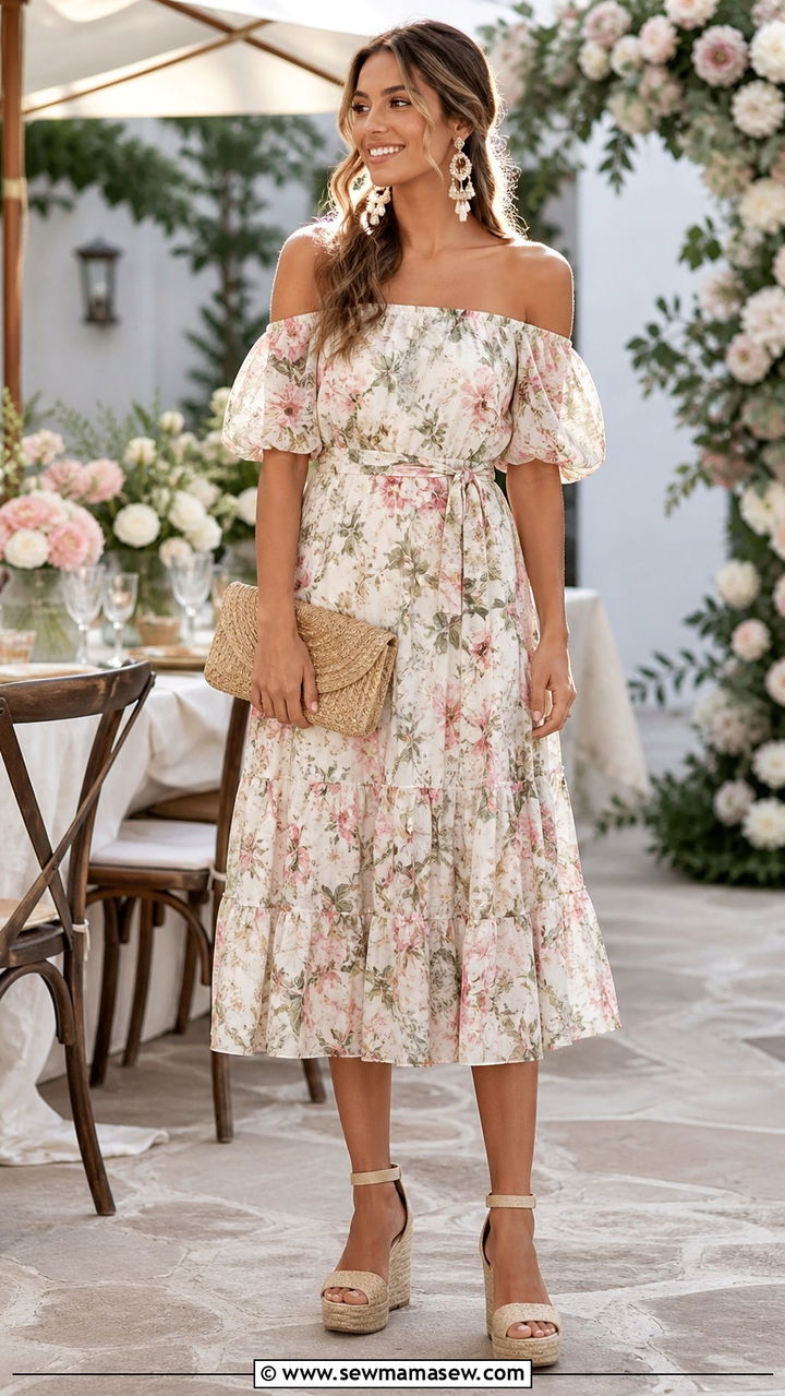 Off Shoulder Midi Dress With Wedge Sandals - 40 boho chic outfits 2026
