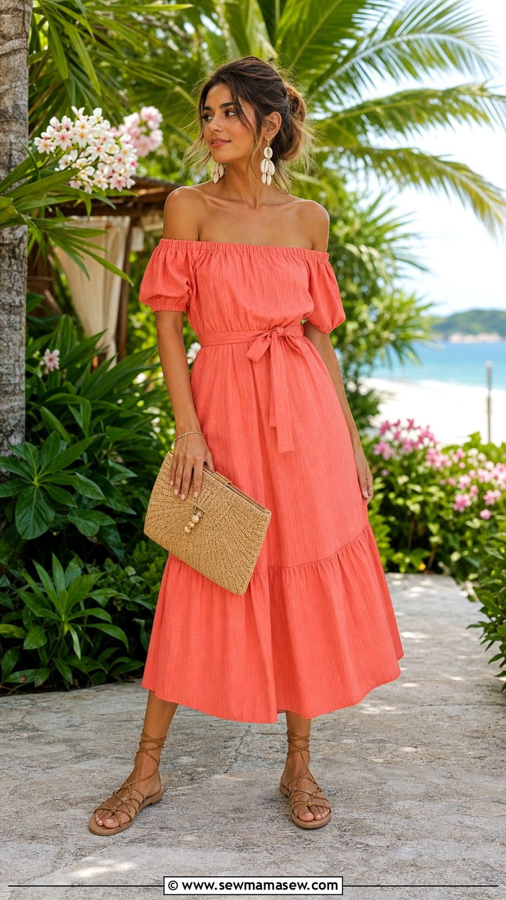 Off Shoulder Midi Dress With Woven Clutch For Beach Wedding - 35 Beach wedding guest outfits
