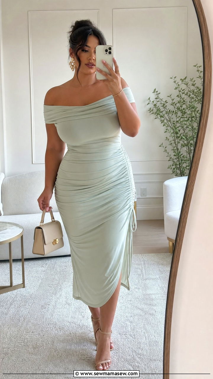 Off Shoulder Midi Dress with Ruching Outfit - 30 Summer outfits for curvy women