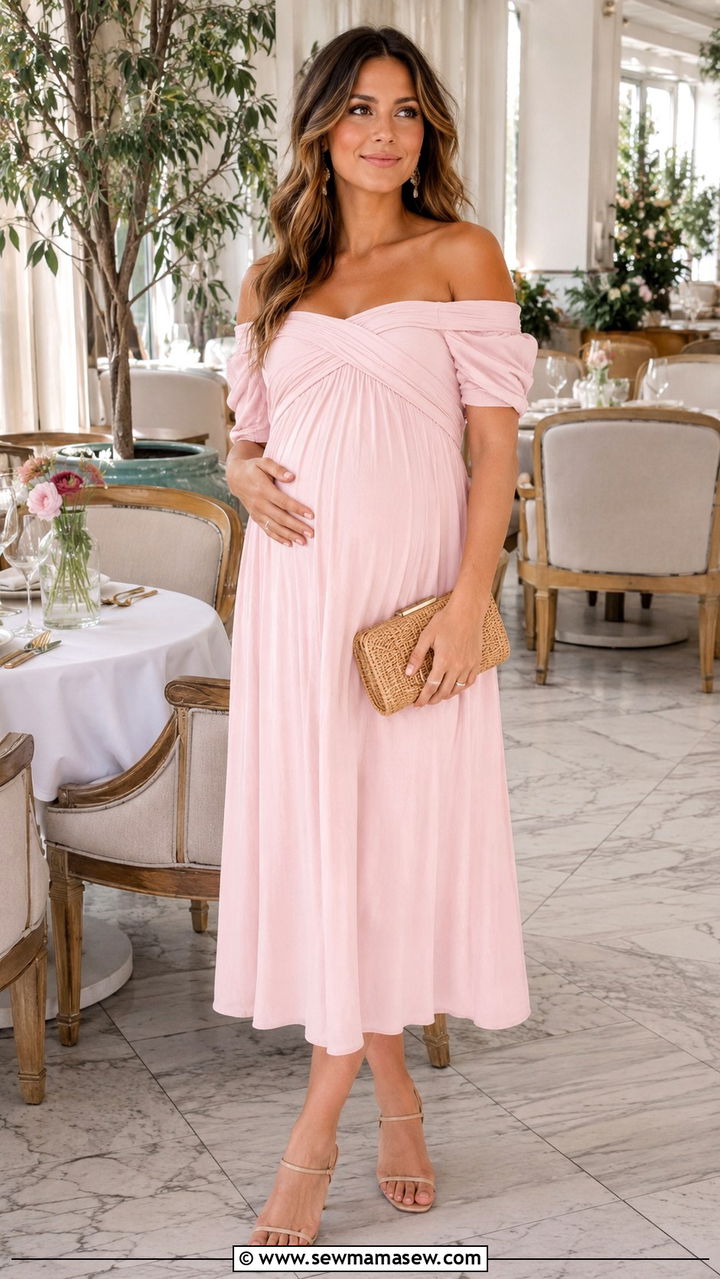 Off Shoulder Midi Dress with Woven Accessories - 25 Baby shower brunch outfit ideas