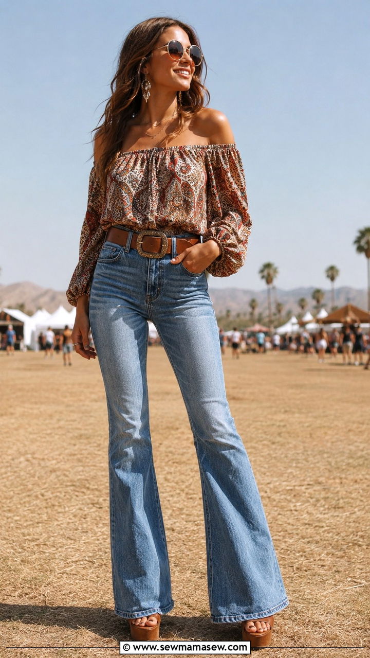 Off Shoulder Peasant Blouse With Flared Jeans - 25 Boho outfit ideas with peasant blouse