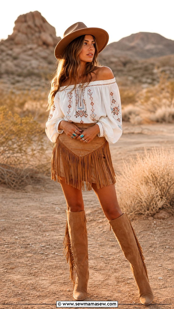 Off Shoulder Peasant Blouse With Fringed Suede Skirt And Knee High Boots - 25 Boho outfit ideas with suede boots