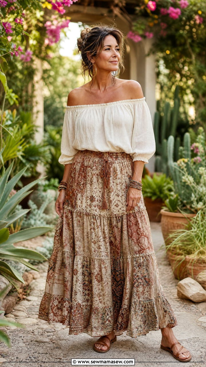 Off Shoulder Peasant Top and Tiered Maxi Skirt - 30 boho chic outfit ideas for women over 40