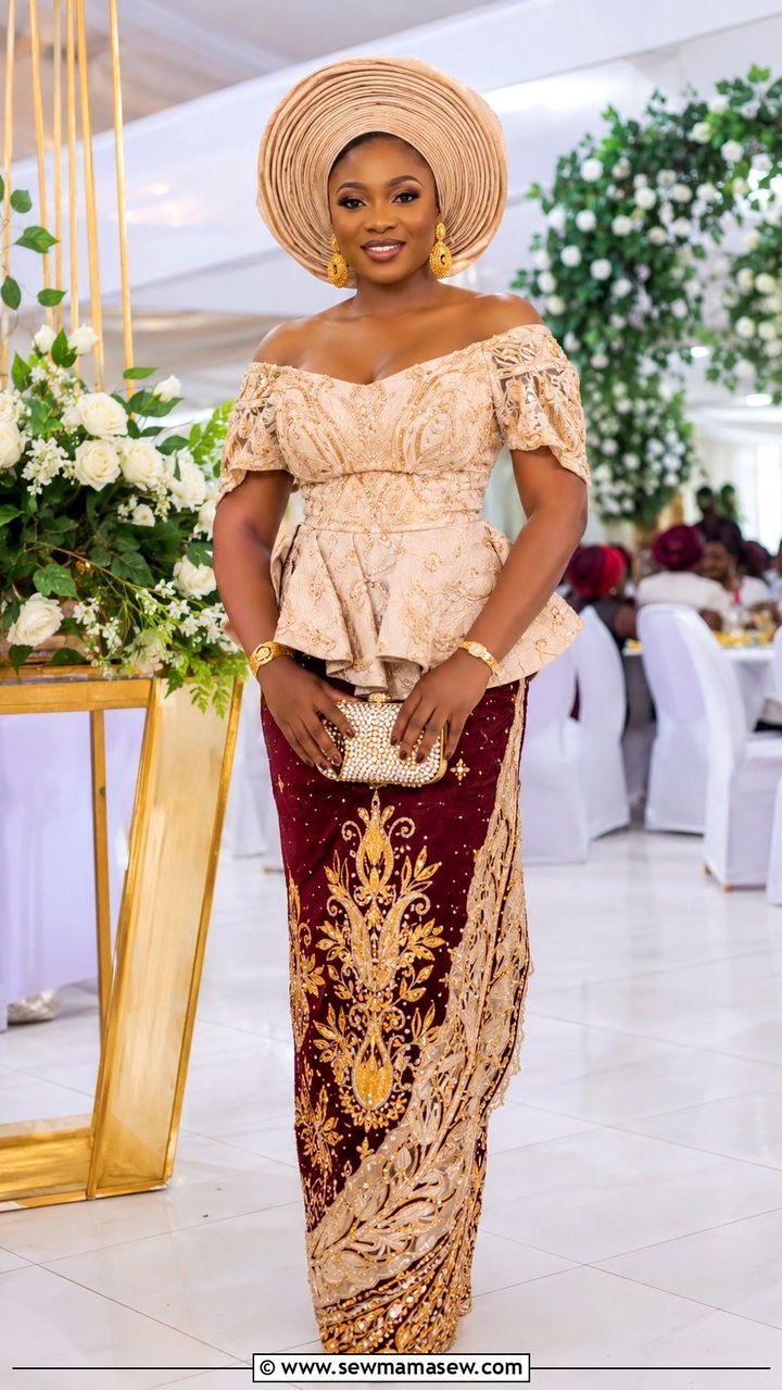 Off Shoulder Peplum Blouse And George Wrapper - 25 Wedding guest outfit ideas Nigerian wedding