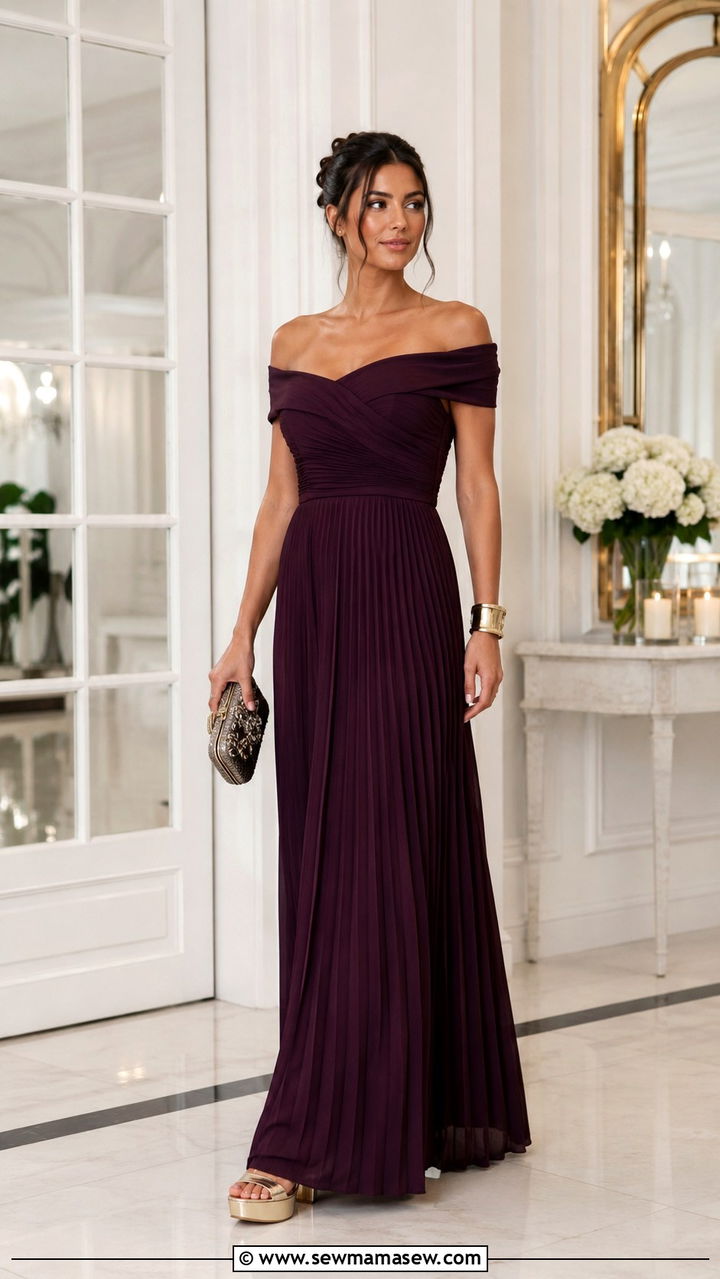 Off Shoulder Pleated Gown Wedding Guest - 20 Wedding guest outfit ideas off shoulder dress