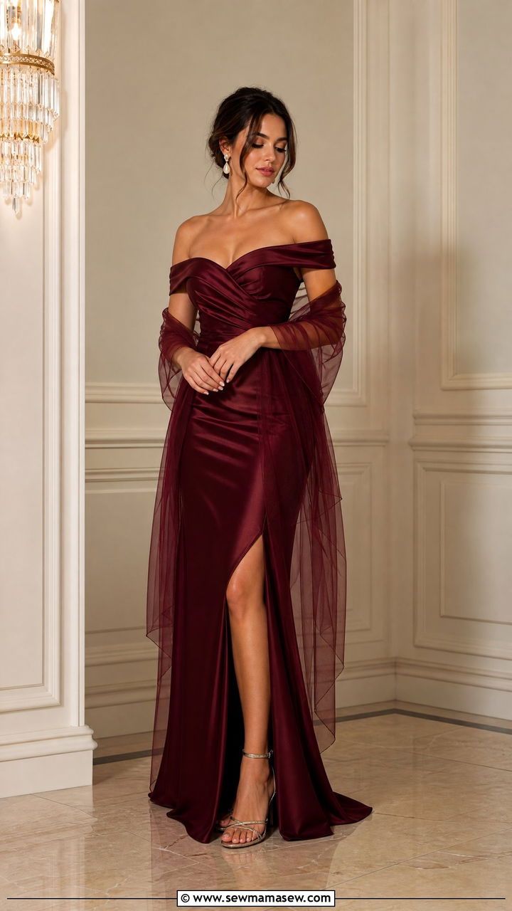 Off Shoulder Prom Gown With Pearl Drop Earrings And Tulle Wrap - 40 Prom outfit ideas