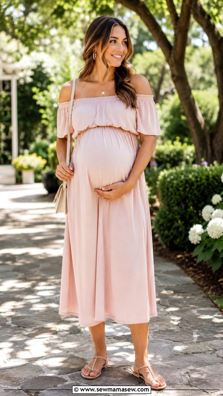 Off Shoulder Relaxed Midi Dress - 20 Maternity outfit ideas first trimester