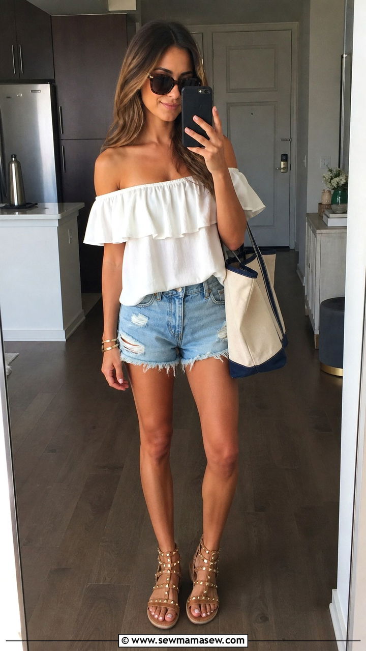 Off Shoulder Ruffle Top With Denim Shorts - 40 Boho outfit ideas 2026