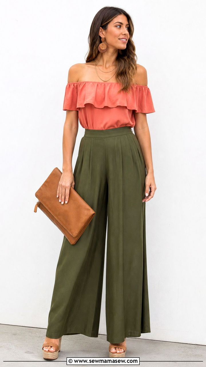Off Shoulder Ruffle Top With Palazzo Pants Boho Outfit - 40 boho chic outfit ideas