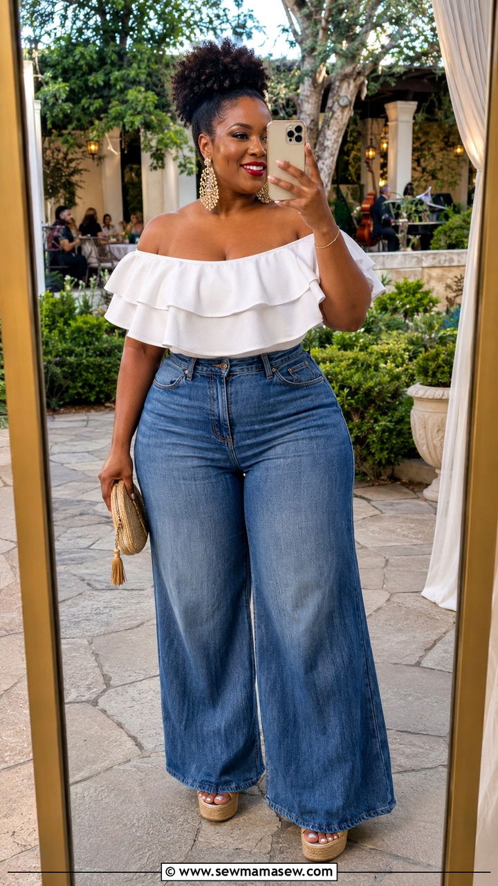 Off Shoulder Ruffle Top With Wide Leg Jeans And Wedge Sandals - 30 plus size music festival outfit ideas