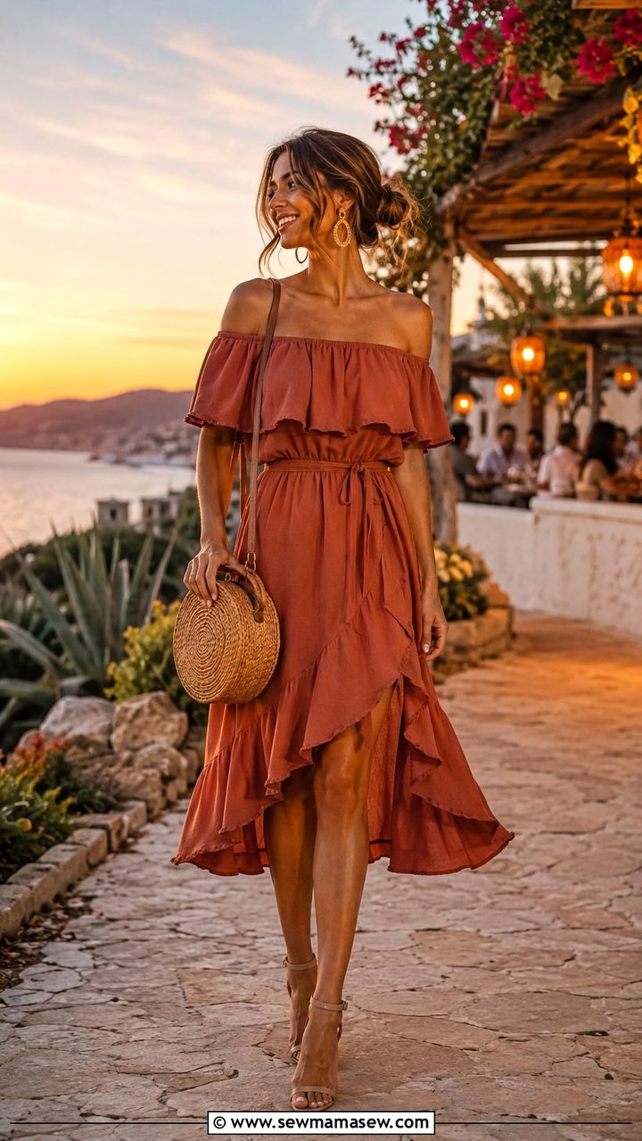 Off Shoulder Ruffled Dress with Heeled Sandals - 30 classy boho chic outfit ideas
