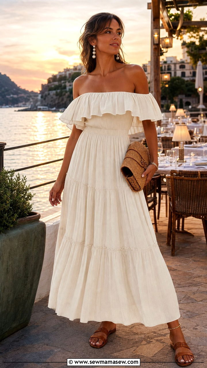 Off Shoulder Ruffled Maxi Dress with Woven Clutch - 35 Boho summer outfit ideas 2026