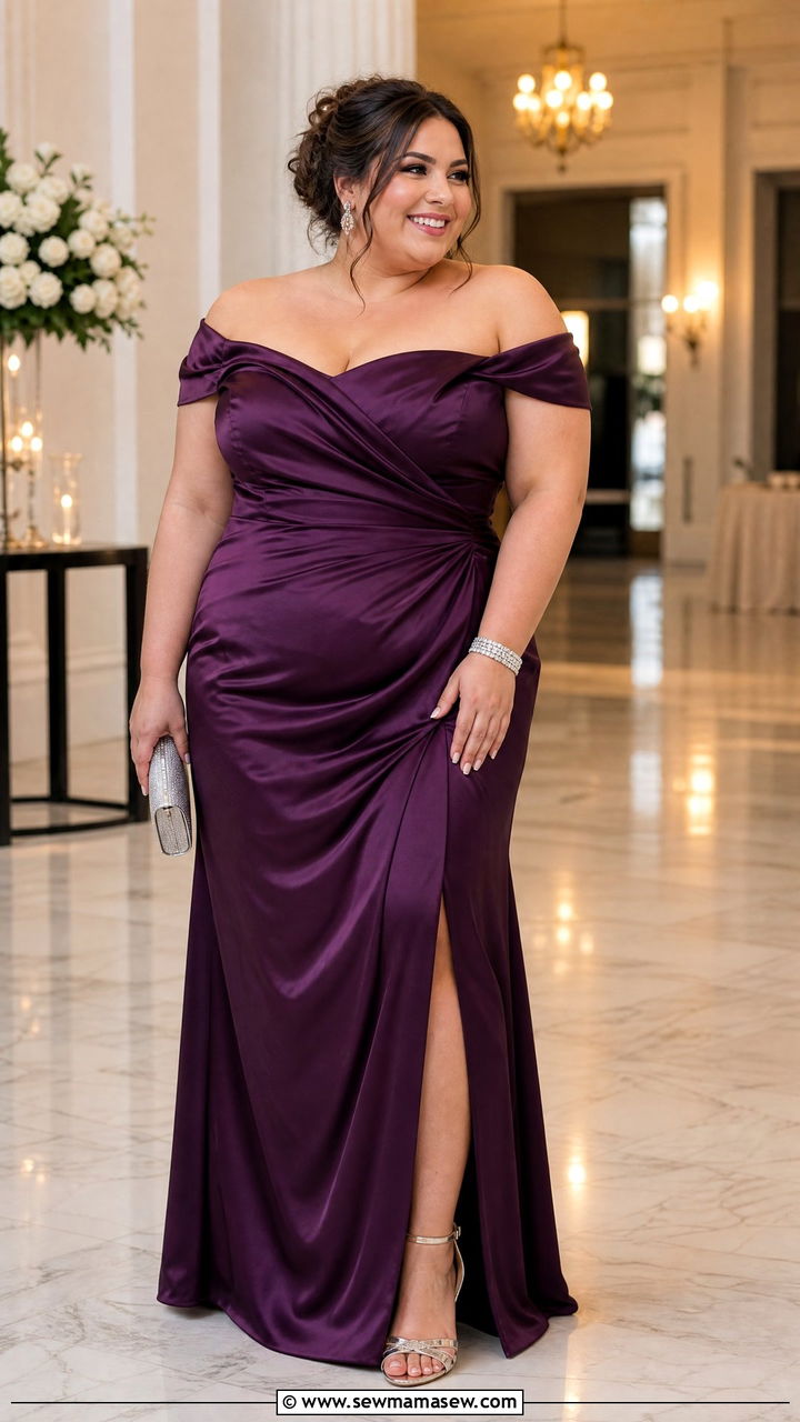 Off Shoulder Satin Gown With Heels - 25 Wedding guest outfit ideas for plus size mom