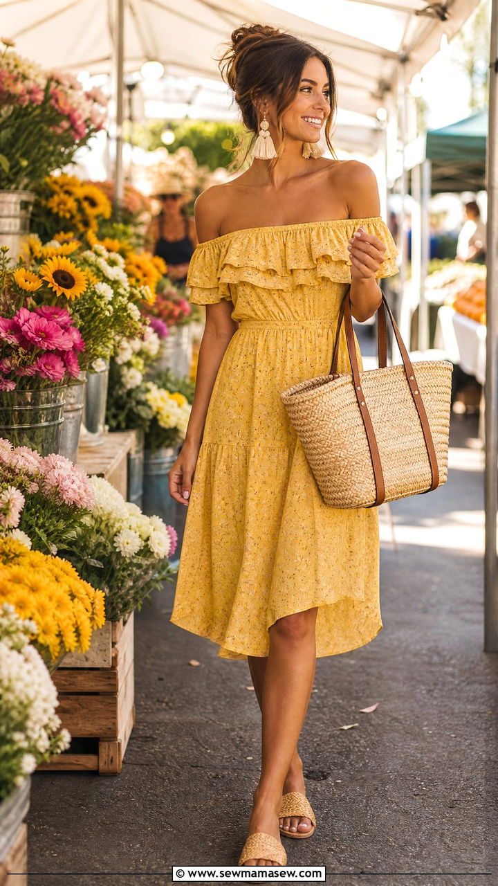 Off Shoulder Sundress With Basket Tote - 30 Summer farmers market outfits