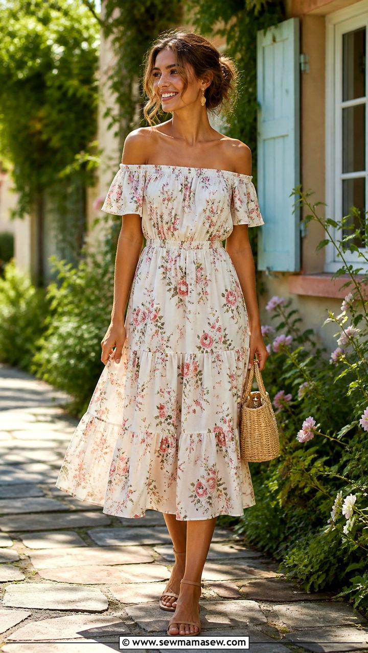 Off Shoulder Sundress With Strappy Sandals - 40 hot weather outfits