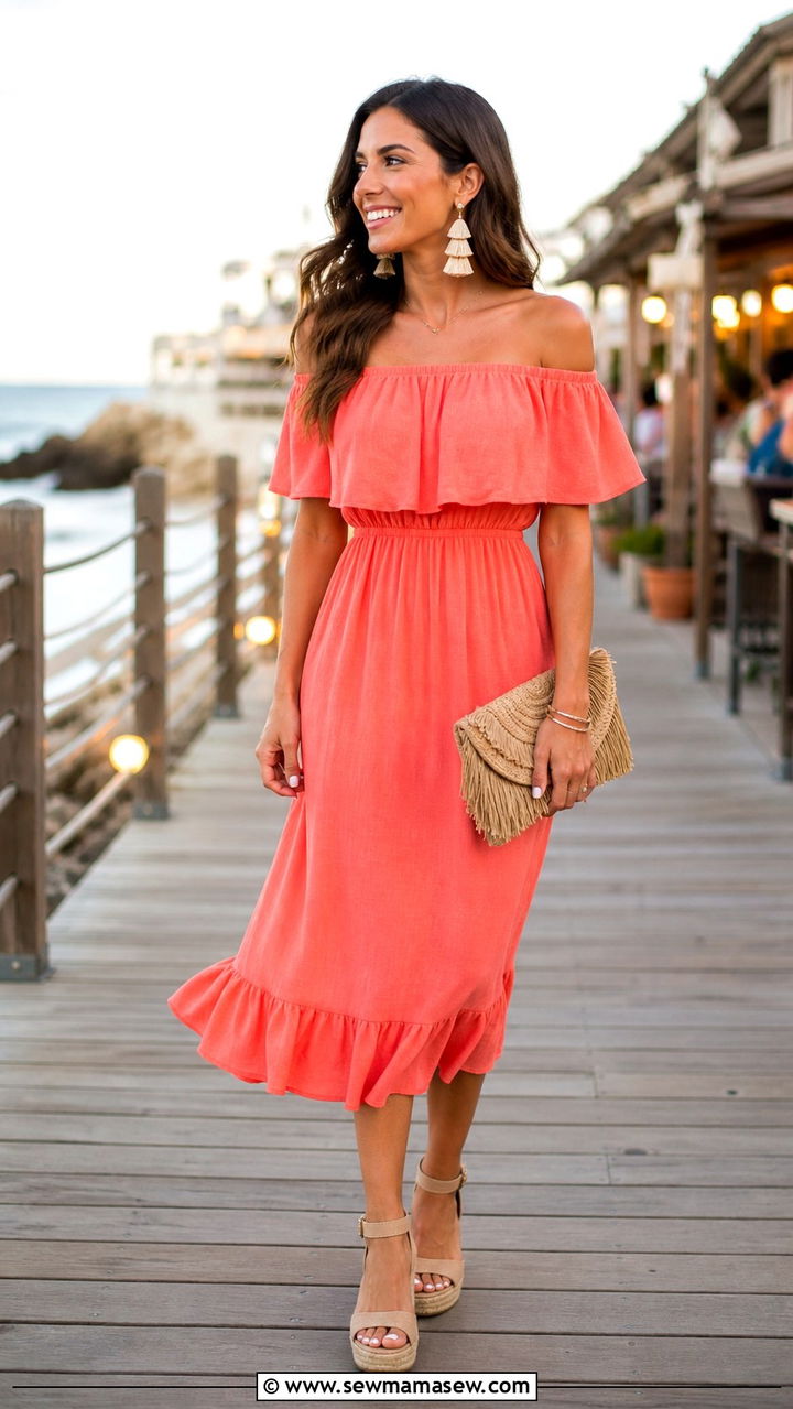 Off Shoulder Sundress With Wedge Sandals - 40 summer dress outfit ideas