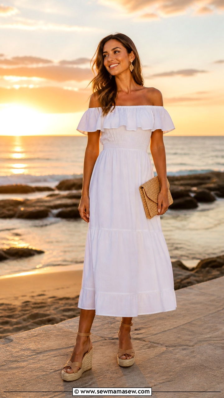 Off Shoulder Sundress With Wedge Sandals - 40 Beach vacation outfit ideas