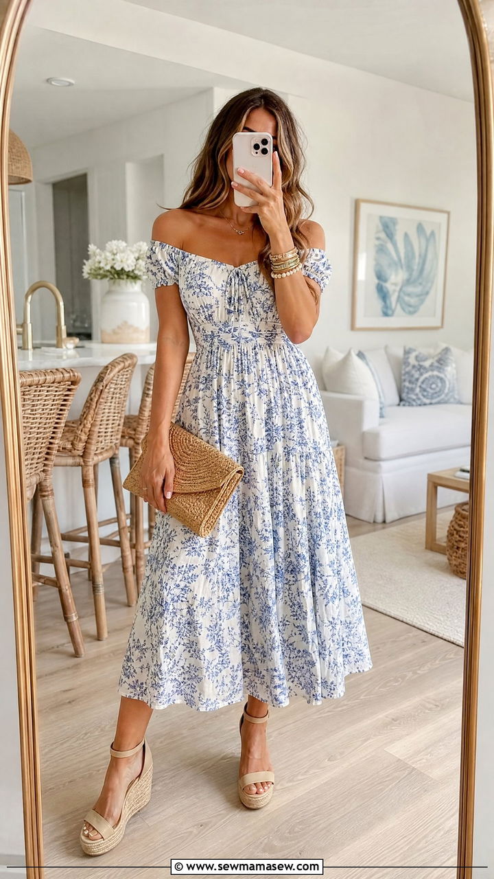 Off Shoulder Sundress With Wedges - 25 Brunch outfit ideas with a sundress