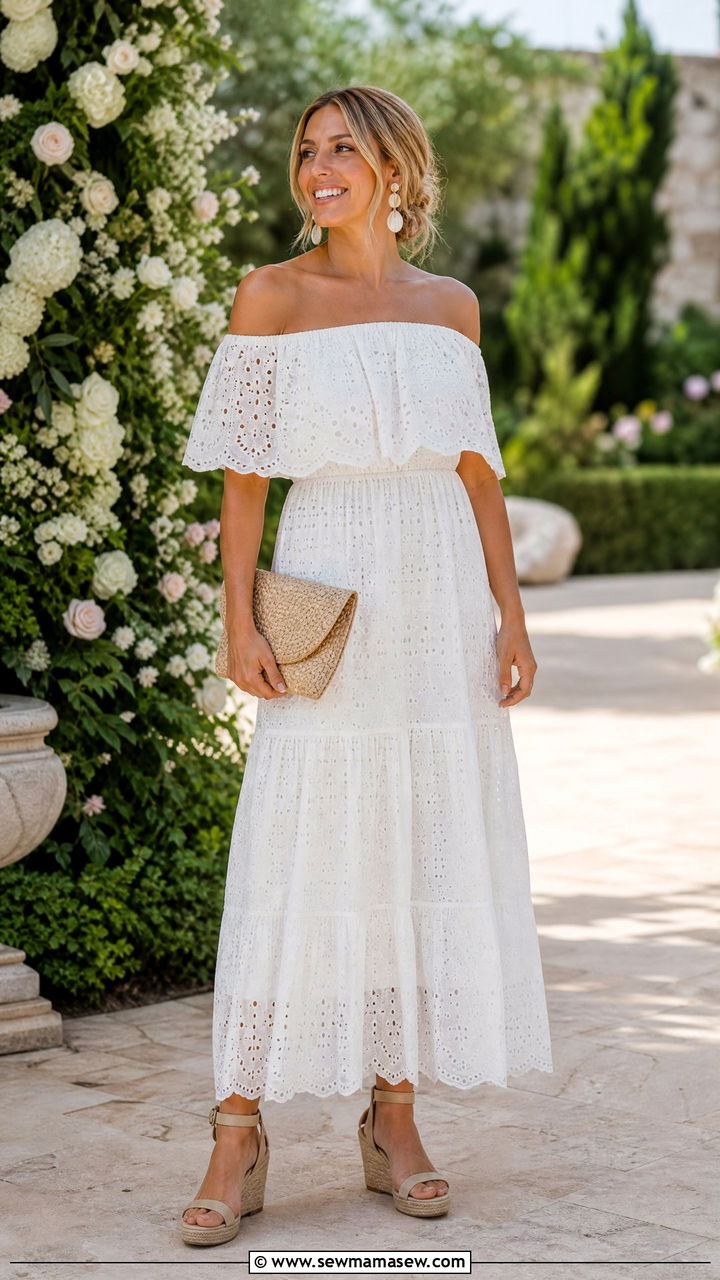 Off Shoulder Sundress With Woven Wedges - 30 summer outfits for new moms
