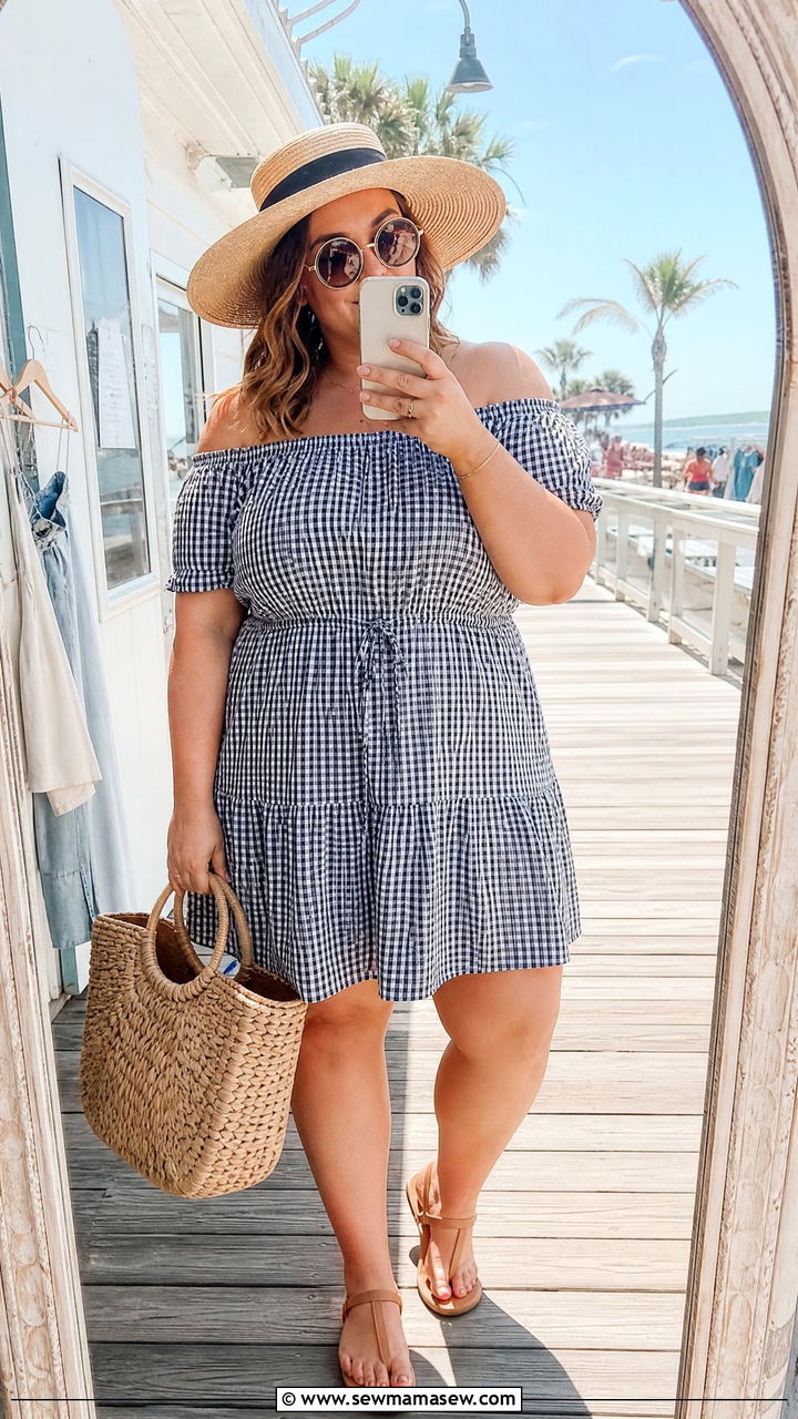 Off Shoulder Sundress with Straw Hat - 30 Plus size outfit ideas for beach
