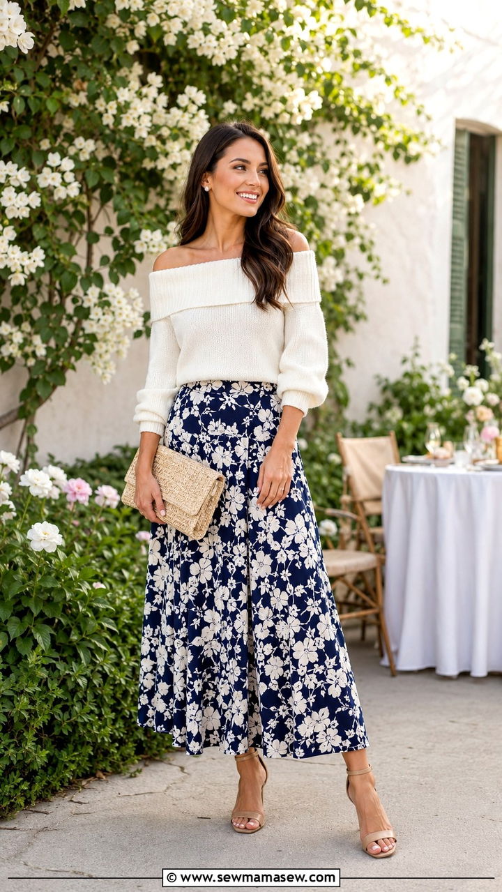 Off Shoulder Sweater With Floral Maxi Skirt - 30 Maxi skirt outfit ideas with a sweater