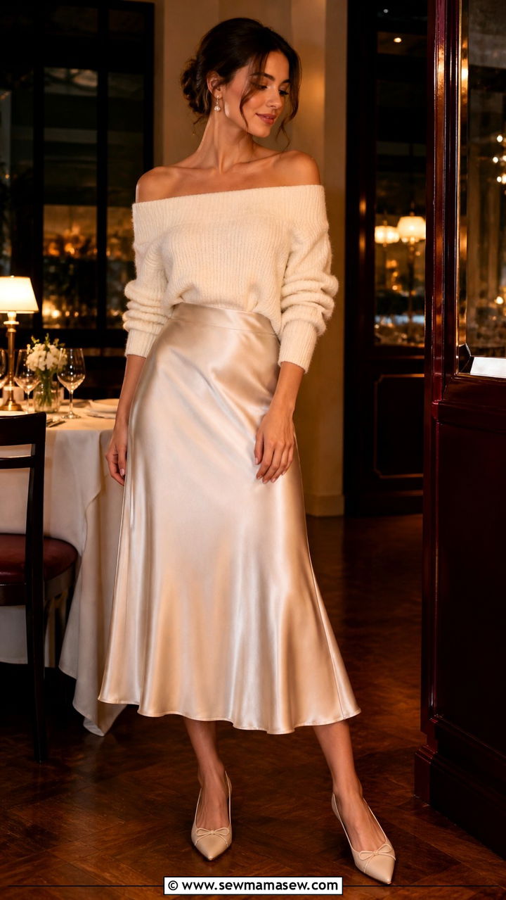 Off Shoulder Sweater With Satin Midi Skirt And Pointed Flats - 20 Ballet outfit ideas