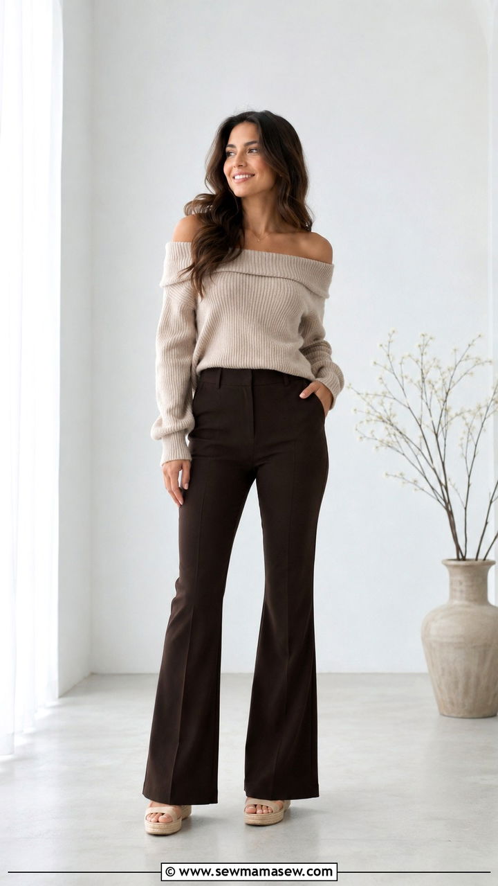Off Shoulder Sweater with Bootcut Trousers and Wedge Heels - 25 work outfits for pear shaped body