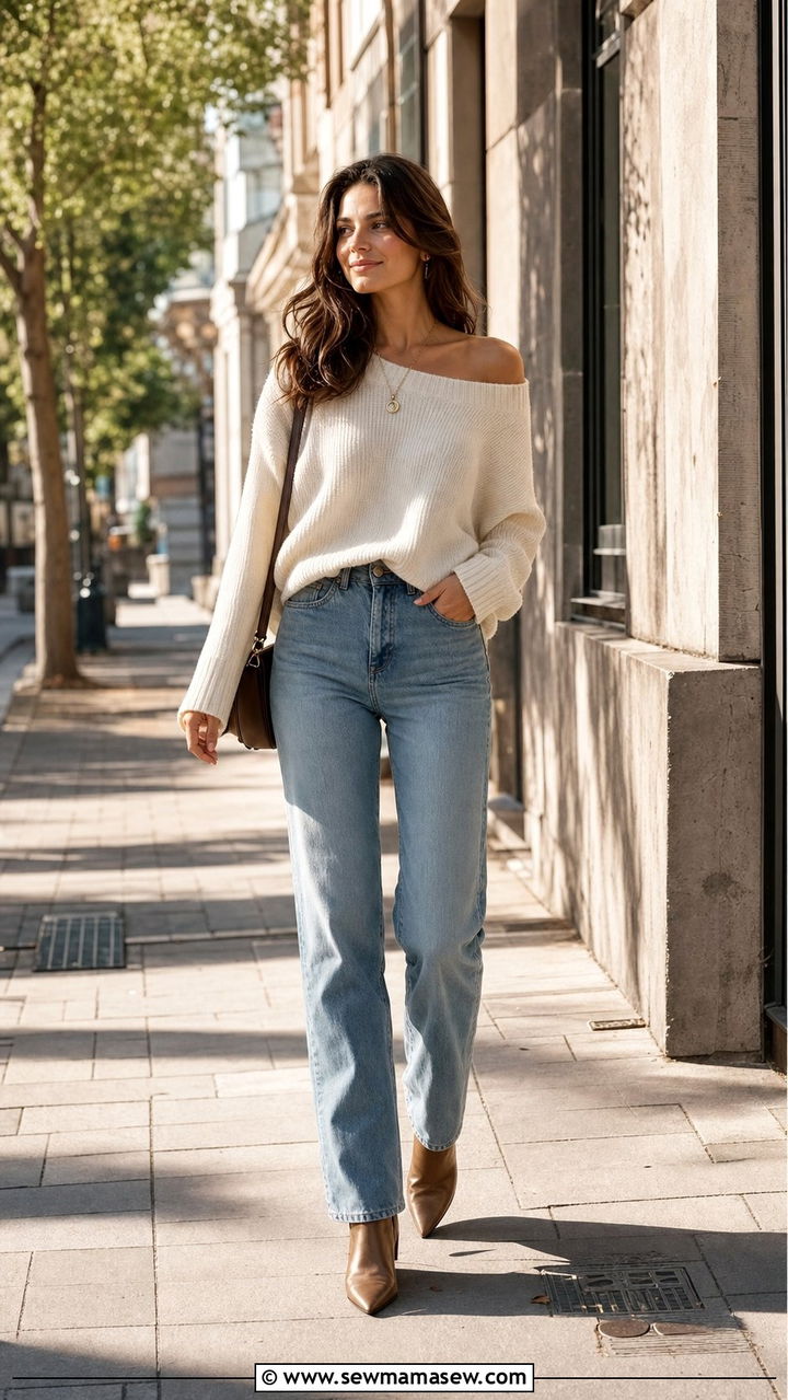 Off Shoulder Sweater with High Waisted Jeans - 25 cute romantic outfits