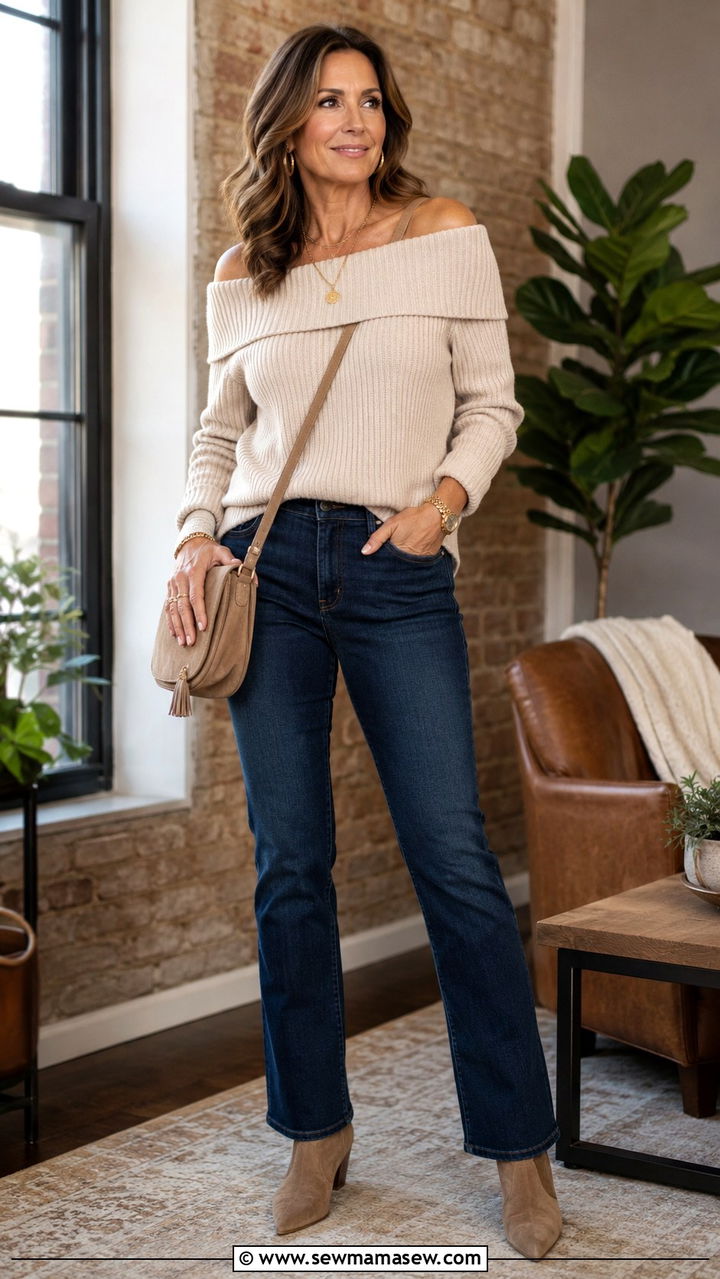 Off Shoulder Sweater with Straight Leg Jeans - 25 Outfit ideas for pear shape over 40